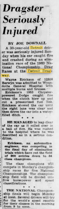 Detroit Dragway - WAYNE ERICKSON CRASH SEP 5 1960